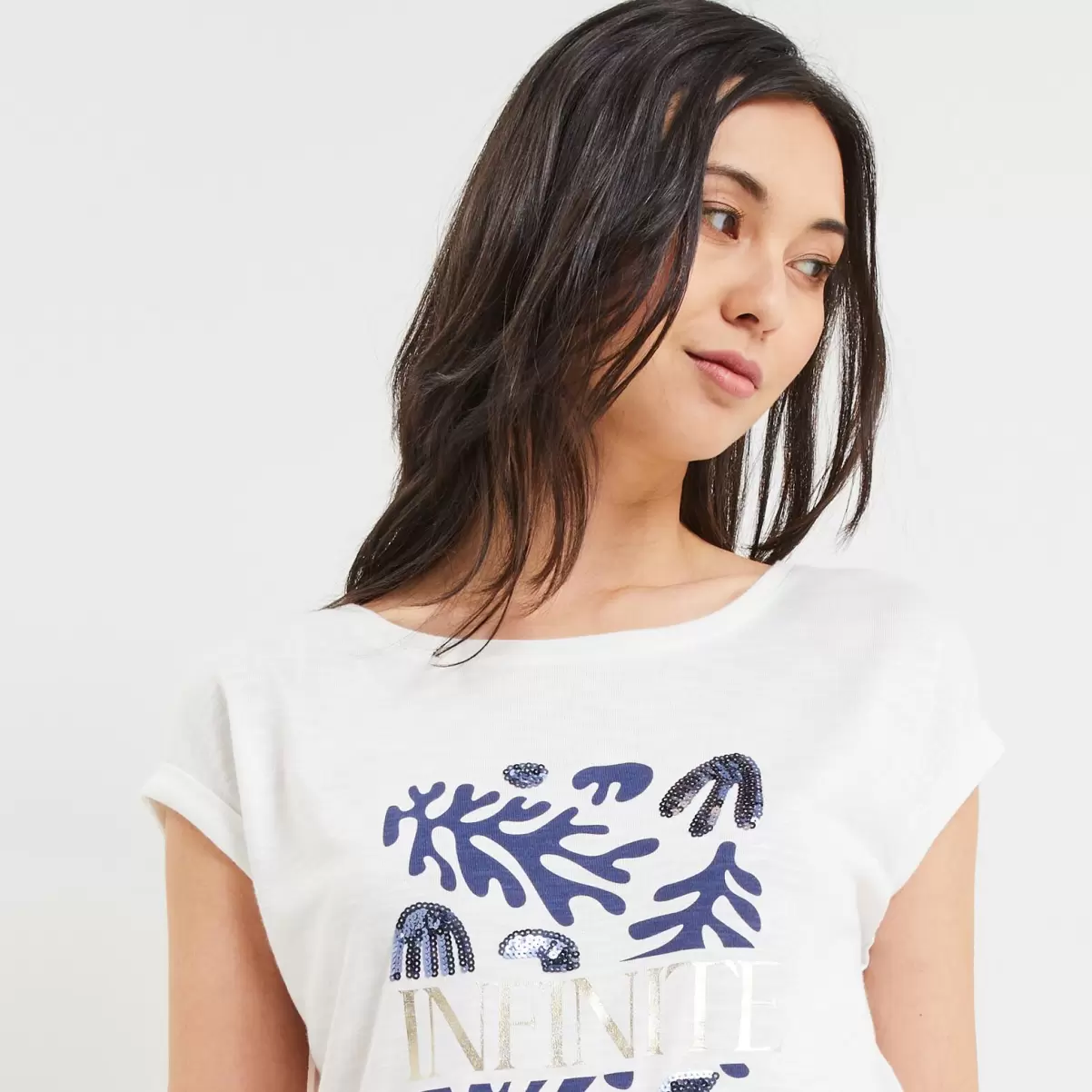 T-Shirt Imprimé Et Sequins Femme Femme Blanc Casse T-Shirts & Tops Prix Promotionnel Grain De Malic - 2