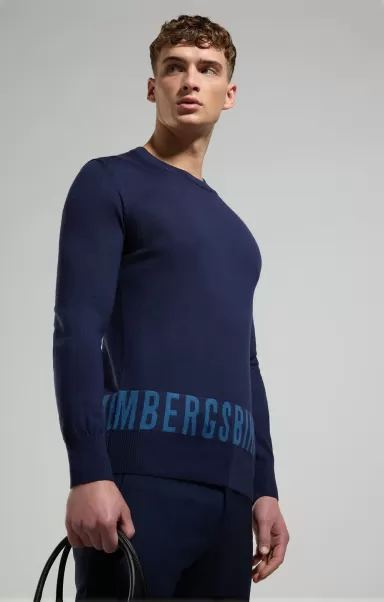 Men's Sweater With Jacquard Logo Homme Bikkembergs Tricots Dress Blues