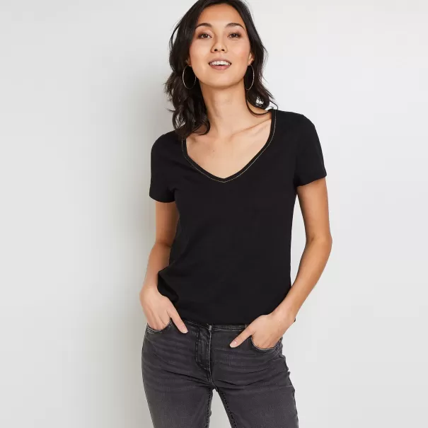 T-Shirts & Tops T-Shirt Manches Courtes V Femme Qualité Certifiée Femme Noir Grain De Malic